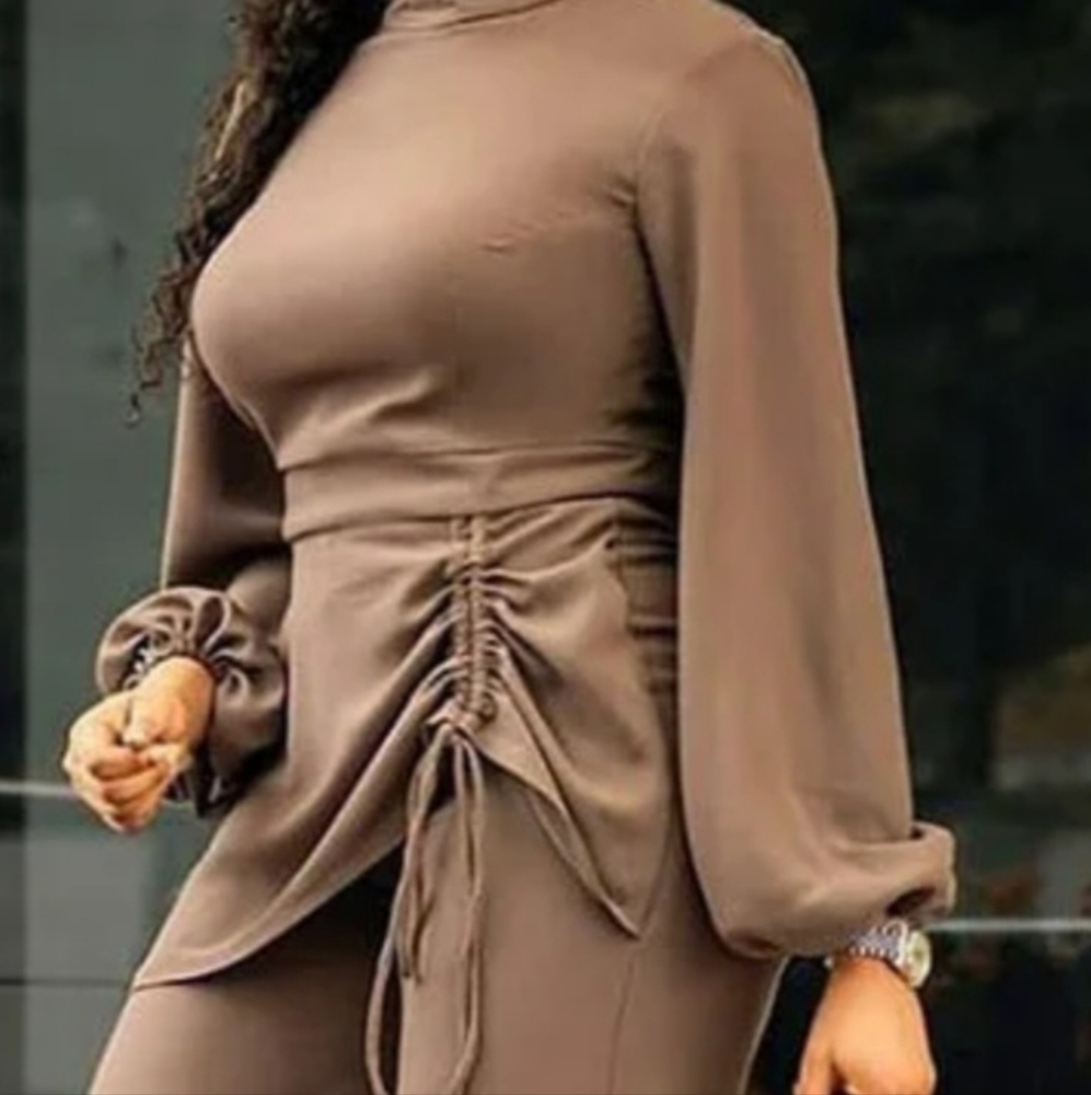 Plus Size Casual Khaki Ruched Lantern Long Sleeves Drawstring Wide Leg Jumpsuits